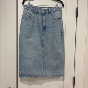 Zara Light Blue Denim Midi Skirt